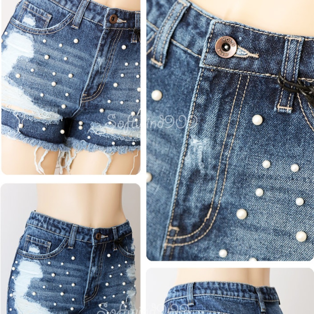 Last☝️Blue Pearl Distressed Fray High Waist Shorts - Picture 5 of 8